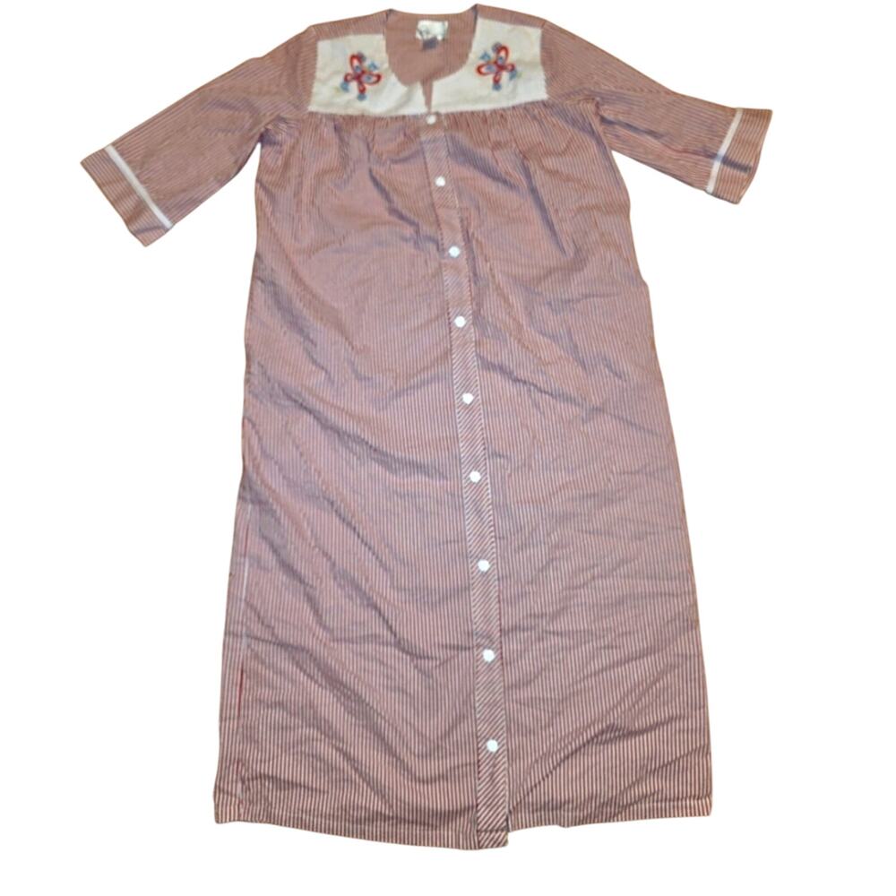 Vtg Embroidered Striped Muu Muu Snao Front Pockets Size M Trad Wife Butterfly